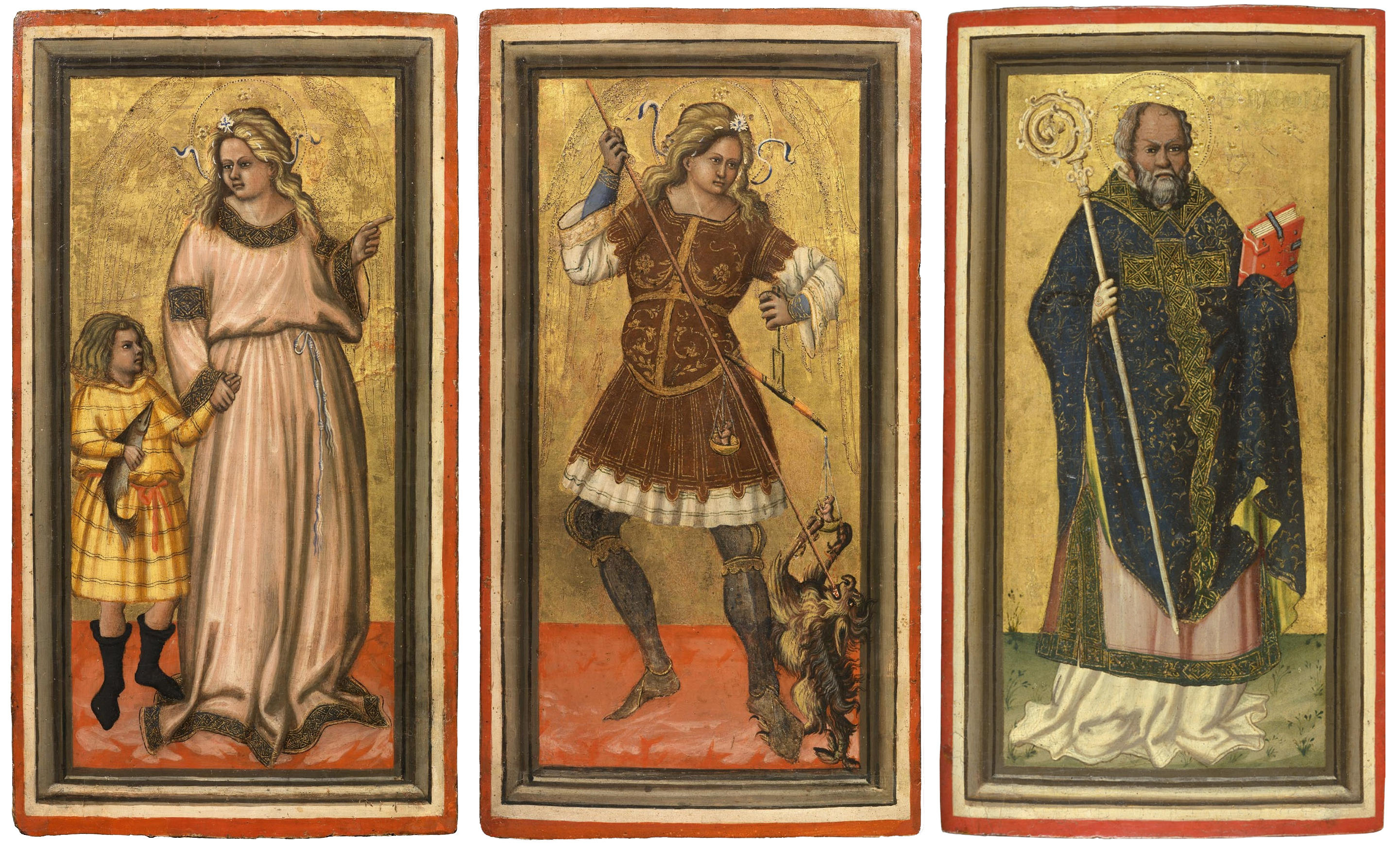 Three Panels Depicting Saint Raphael the Archangel with Tobias, Saint Michael the Archangel and Saint Nicholas
